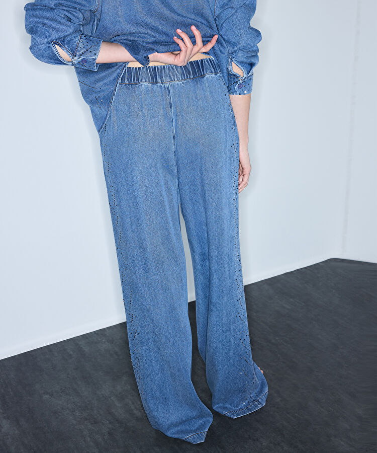 Hotfix baskılı denim pantolon - IS1260003252629 - İndigo Pantolon