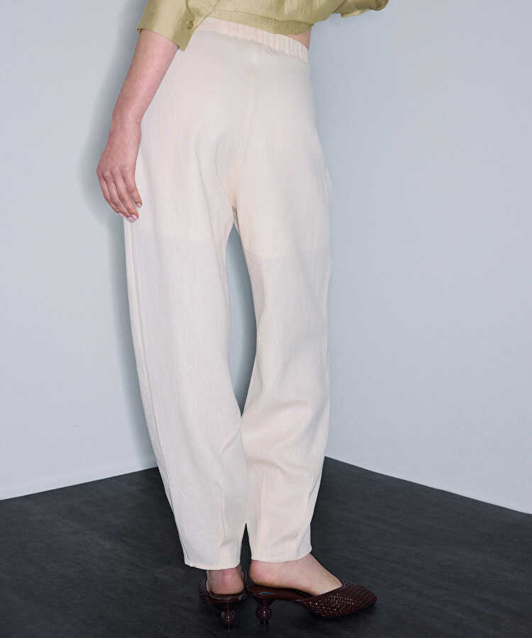 Keten barrel fit pantolon - IS1260003376018 - Ekru Pantolon