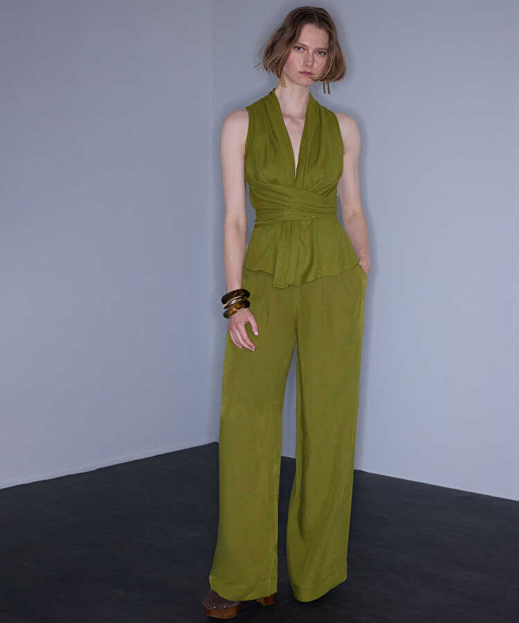 Wide leg elastik bel pantolon - IS1260003379198 - Yağ Yeşili Pantolon