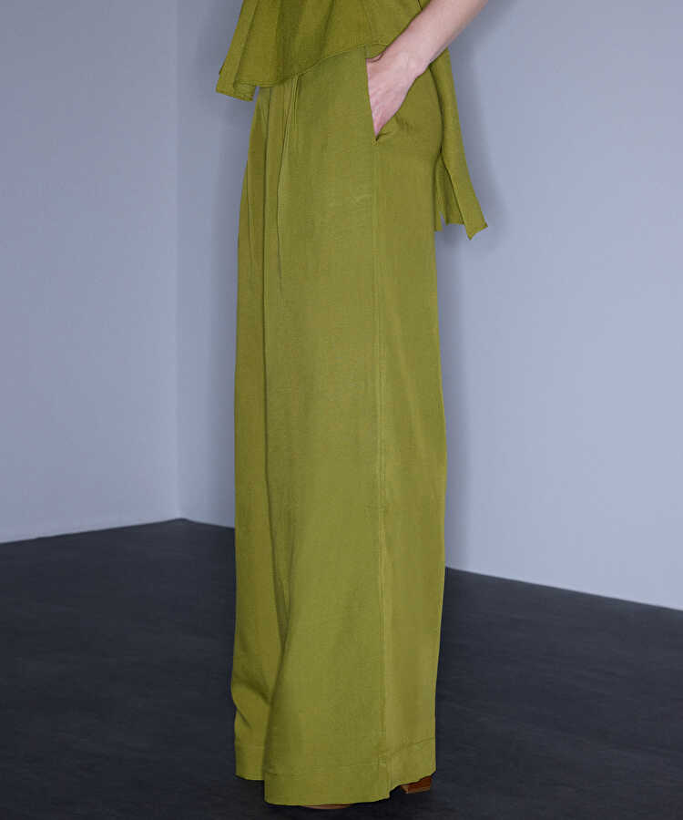 Wide leg elastik bel pantolon - IS1260003379198 - Yağ Yeşili Pantolon