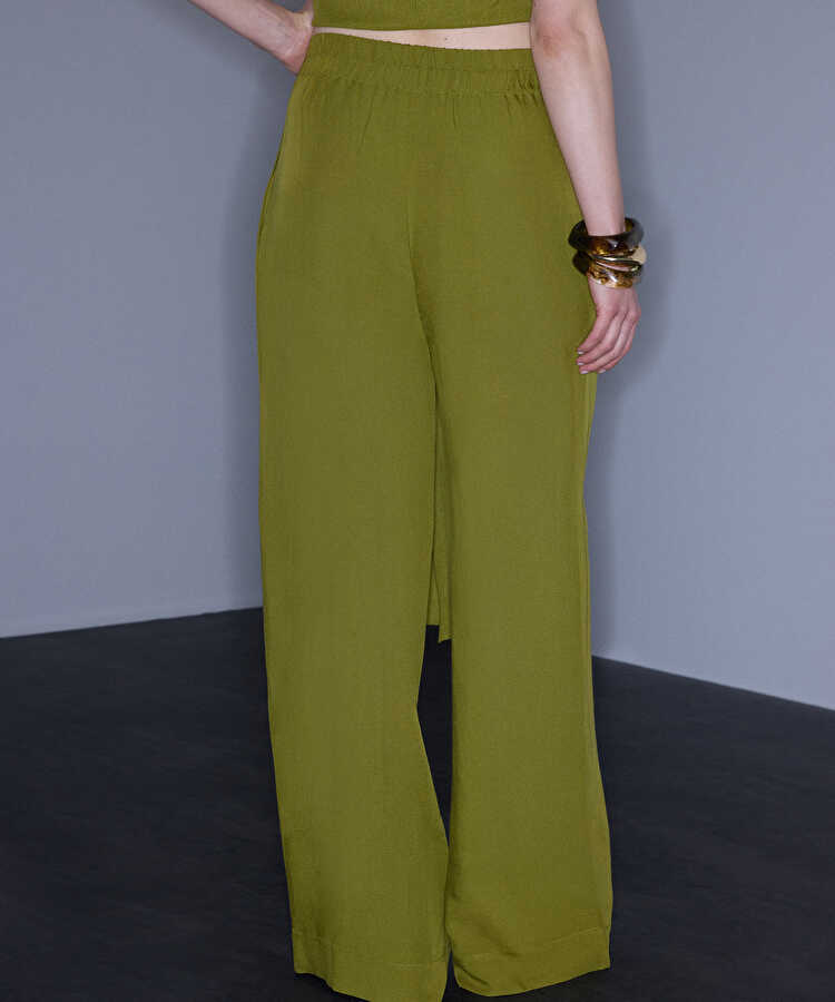 Wide leg elastik bel pantolon - IS1260003379198 - Yağ Yeşili Pantolon