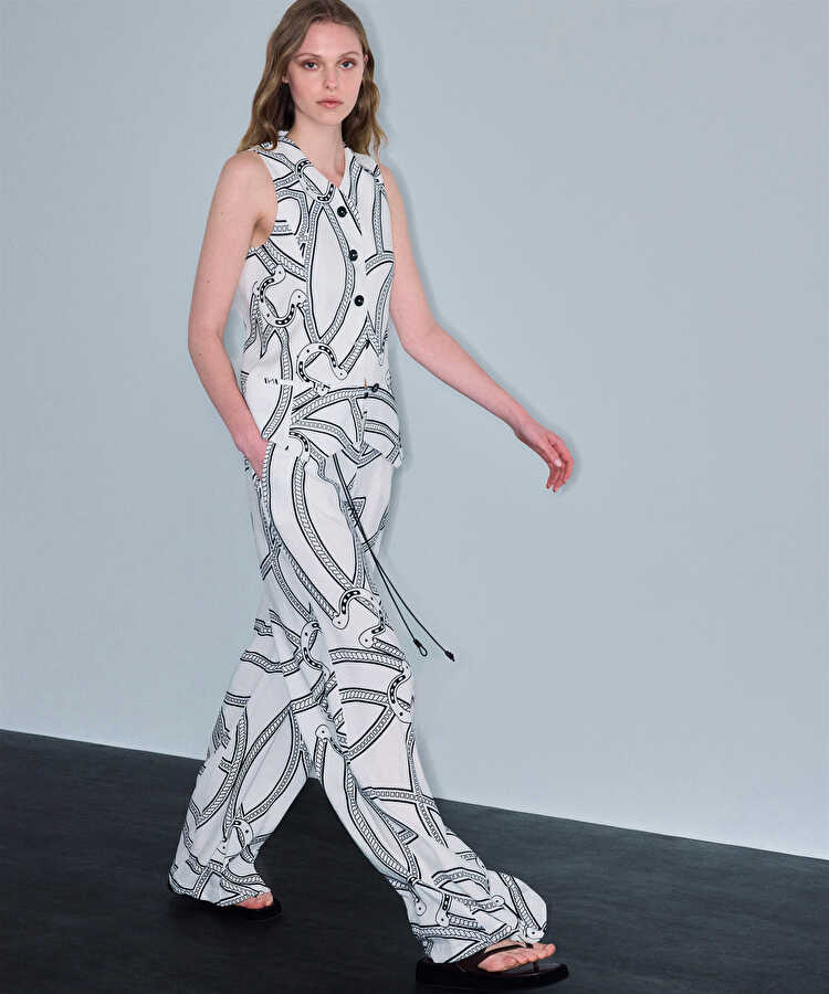 Desenli ve kemerli wide leg pantolon - IS1260003424002 - Beyaz Pantolon