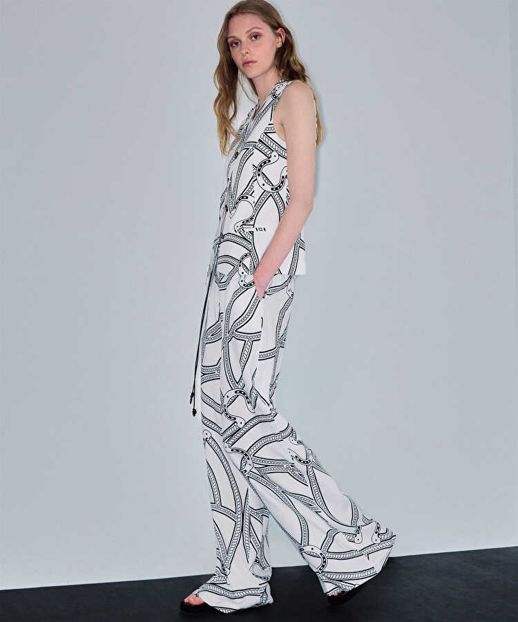 Desenli ve kemerli wide leg pantolon - IS1260003424002 - Beyaz Pantolon