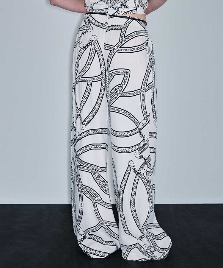 Desenli ve kemerli wide leg pantolon - IS1260003424002 - Beyaz Pantolon