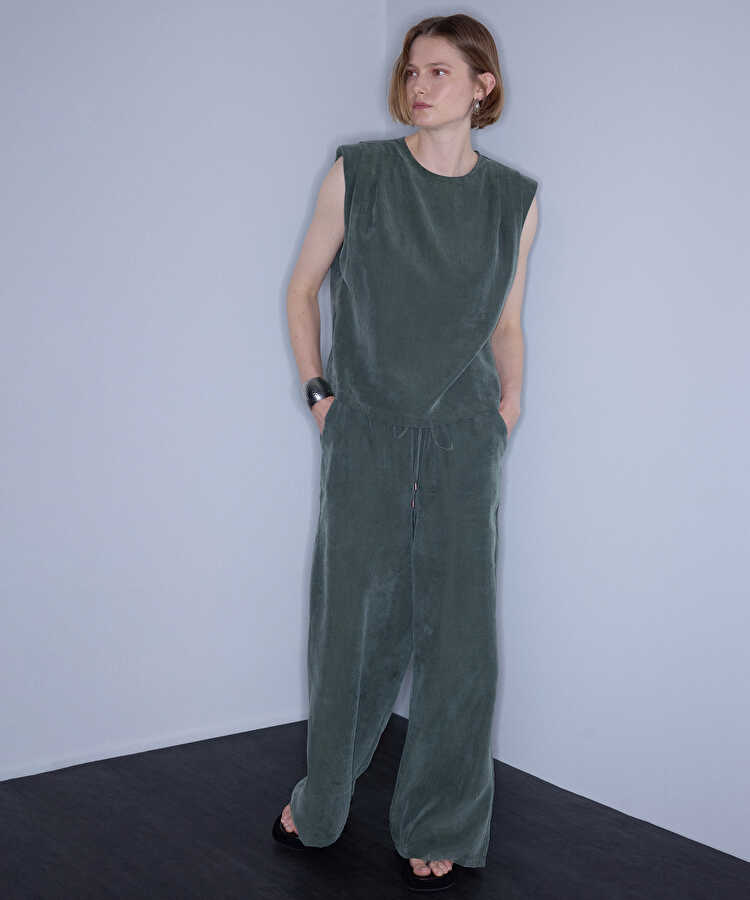 Belden bağlamalı wide leg pantolon - IS1260003434022 - Haki Pantolon