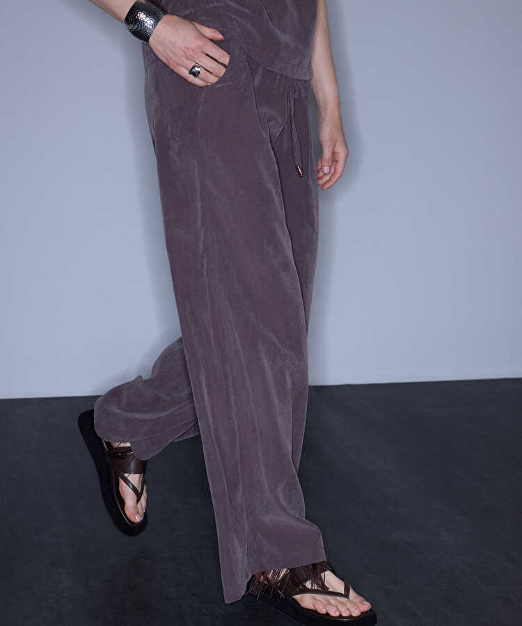 Belden bağlamalı wide leg pantolon - IS1260003434074 - Kahverengi Pantolon