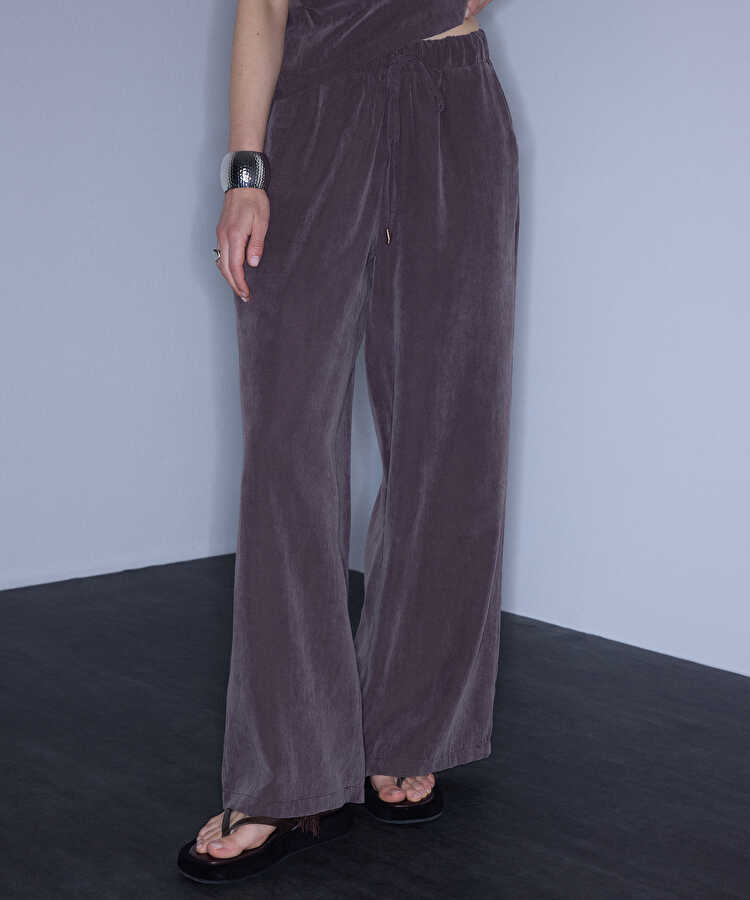Belden bağlamalı wide leg pantolon - IS1260003434074 - Kahverengi Pantolon
