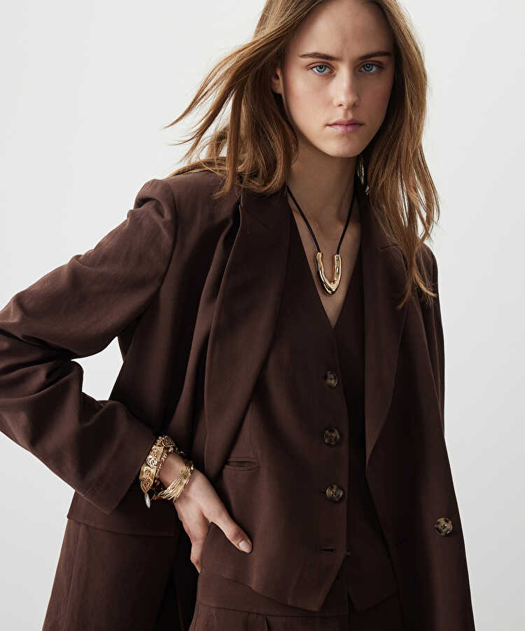 Vatkalı kruvaze blazer  - IS1260005048074 - Kahverengi Ceket