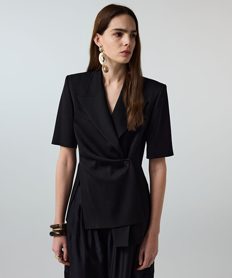 Vatkalı asimetrik blazer - IS1260005099001 - Siyah Ceket