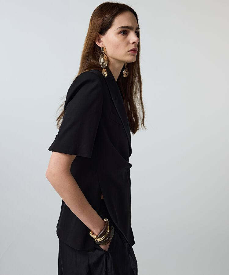 Vatkalı asimetrik blazer - IS1260005099001 - Siyah Ceket