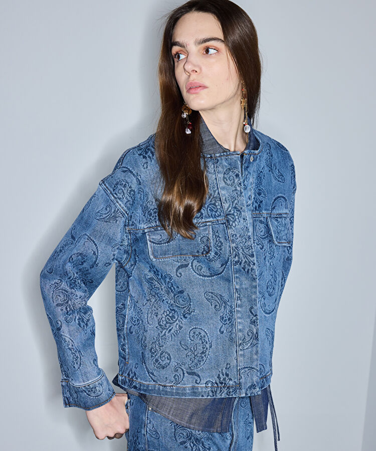 Etnik desen baskılı denim ceket - IS1260005100AC7 - Koyu İndigo Ceket