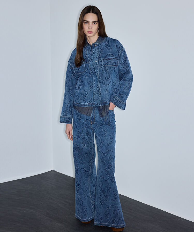 Etnik desen baskılı denim ceket - IS1260005100AC7 - Koyu İndigo Ceket