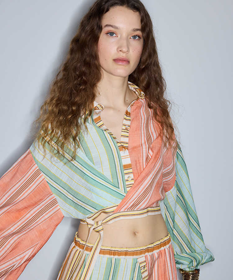 Çizgili colorblock bluz - IS1260006110019 - Somon Bluz
