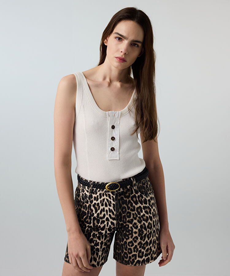 Leopar desen non denim şort  - IS1260013075074 - Kahverengi Şort