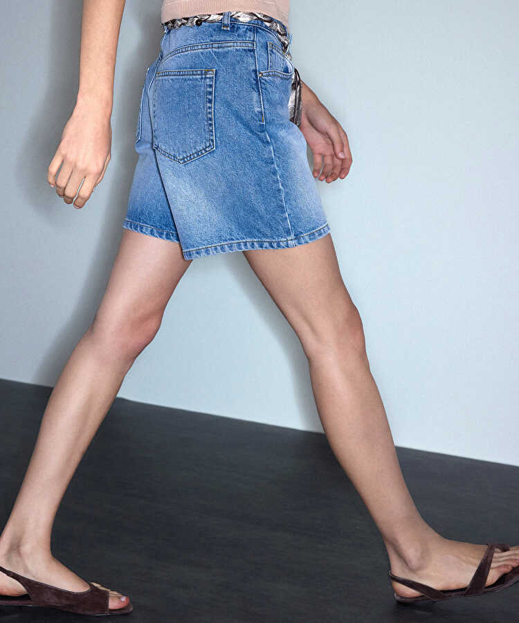 Fular kemerli denim şort - IS1260013144629 - İndigo Şort