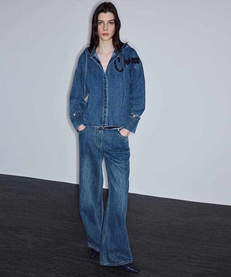 Kontrast elastik bel jean pantolon - IS1260018003089 - Mavi Jean Pantolon