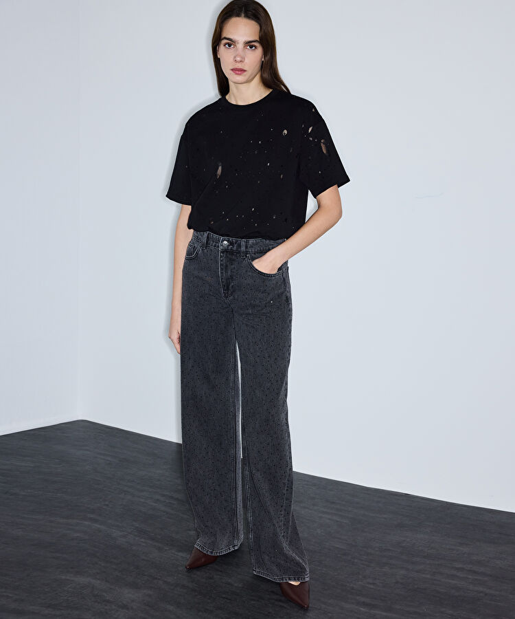 Hotfix baskılı wide leg jean pantolon - IS1260018015001 - Siyah Jean Pantolon