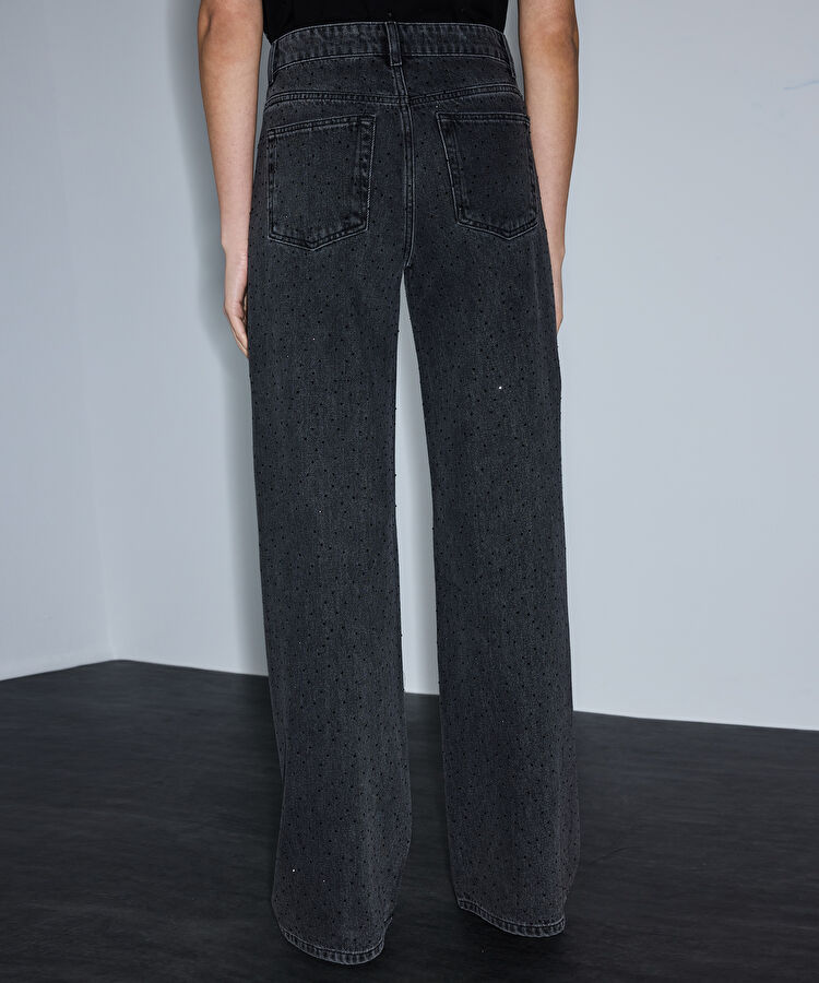 Hotfix baskılı wide leg jean pantolon - IS1260018015001 - Siyah Jean Pantolon