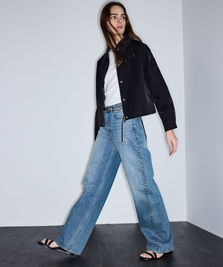 Trok baskılı wide leg jean pantolon - IS1260018016629 - İndigo Jean Pantolon