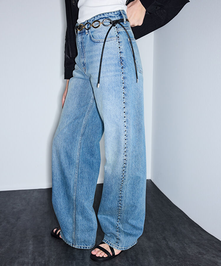 Trok baskılı wide leg jean pantolon - IS1260018016629 - İndigo Jean Pantolon