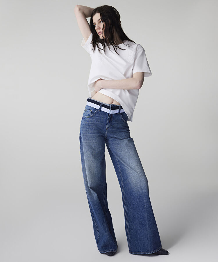 Kontrast bel wide leg jean pantolon - IS1260018022AC7 - Koyu İndigo Jean Pantolon