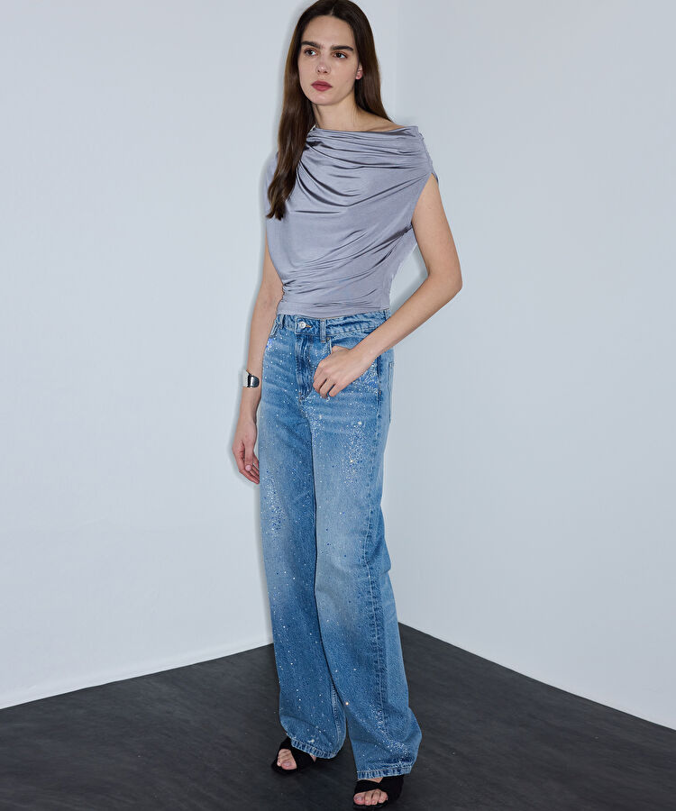 Hotfix baskılı wide leg jean pantolon - IS1260018040629 - İndigo Jean Pantolon
