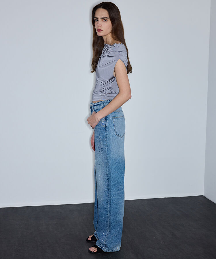 Hotfix baskılı wide leg jean pantolon - IS1260018040629 - İndigo Jean Pantolon