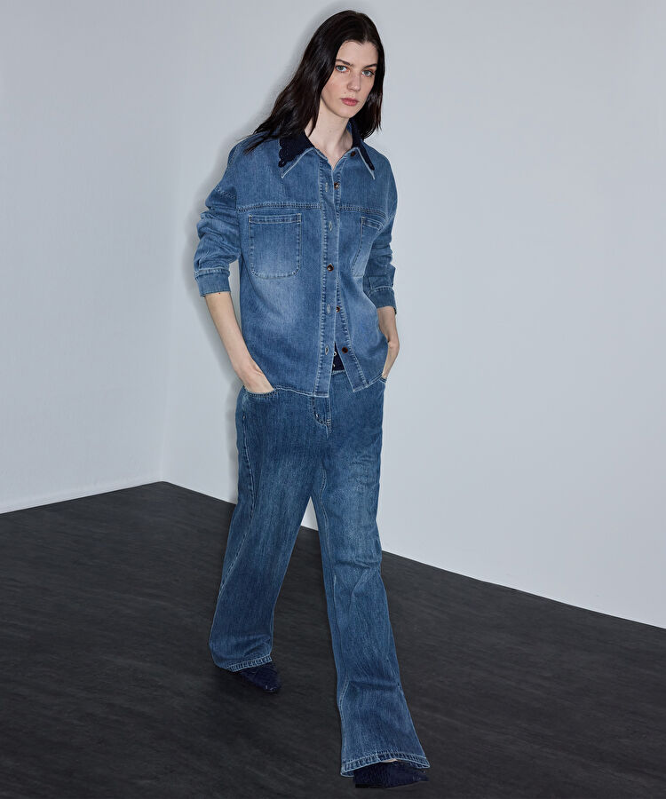 Kroşe yakalı denim gömlek - IS1260025106089 - Mavi Gömlek