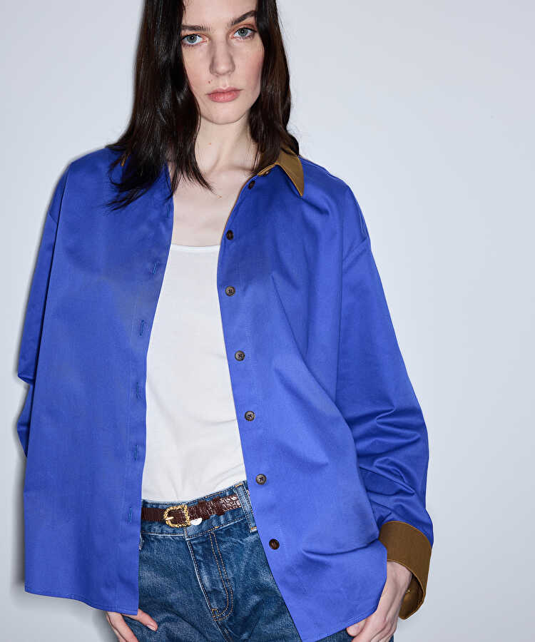 Colorblock poplin gömlek - IS1260025122089 - Mavi Gömlek