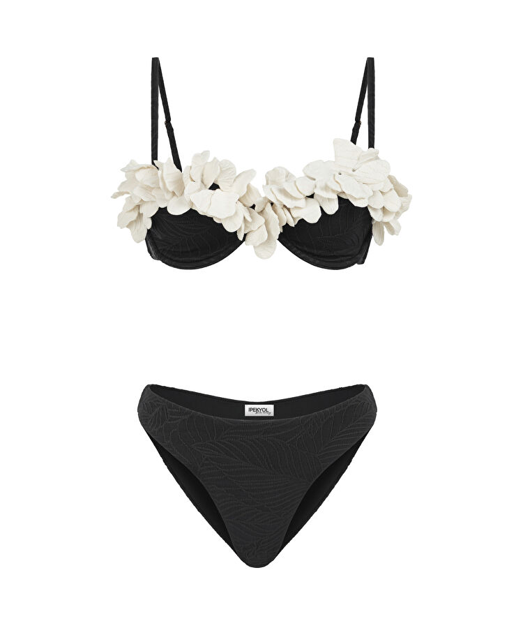 Kontrast aplikeli balkonet bikini seti - IS1260038003001 - Siyah Bikini