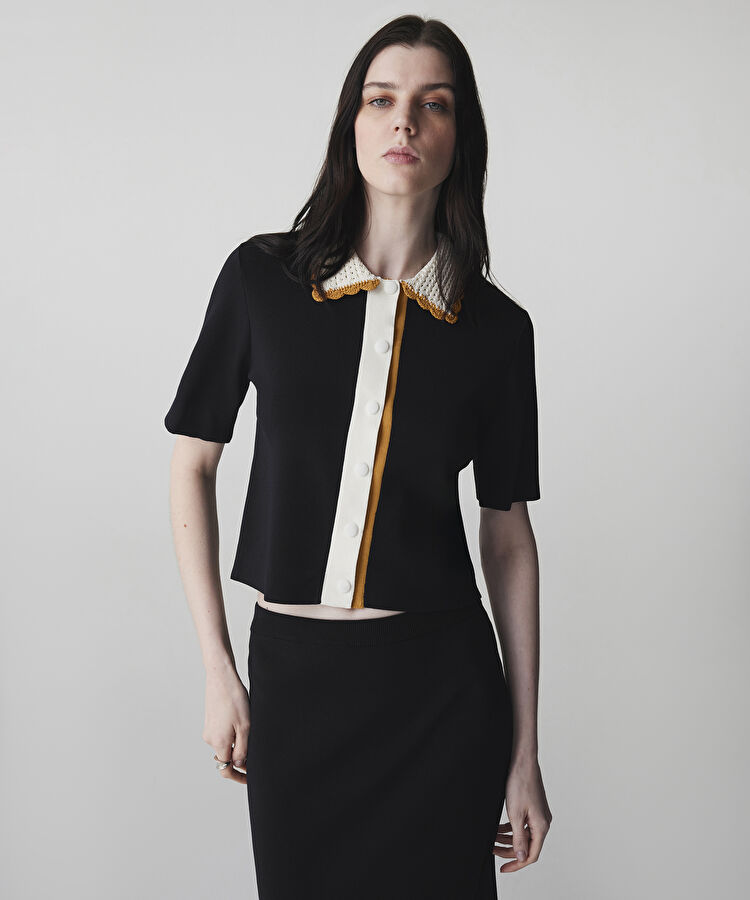 Kontrast yaka colorblock triko - IS1260050039001 - Siyah Triko