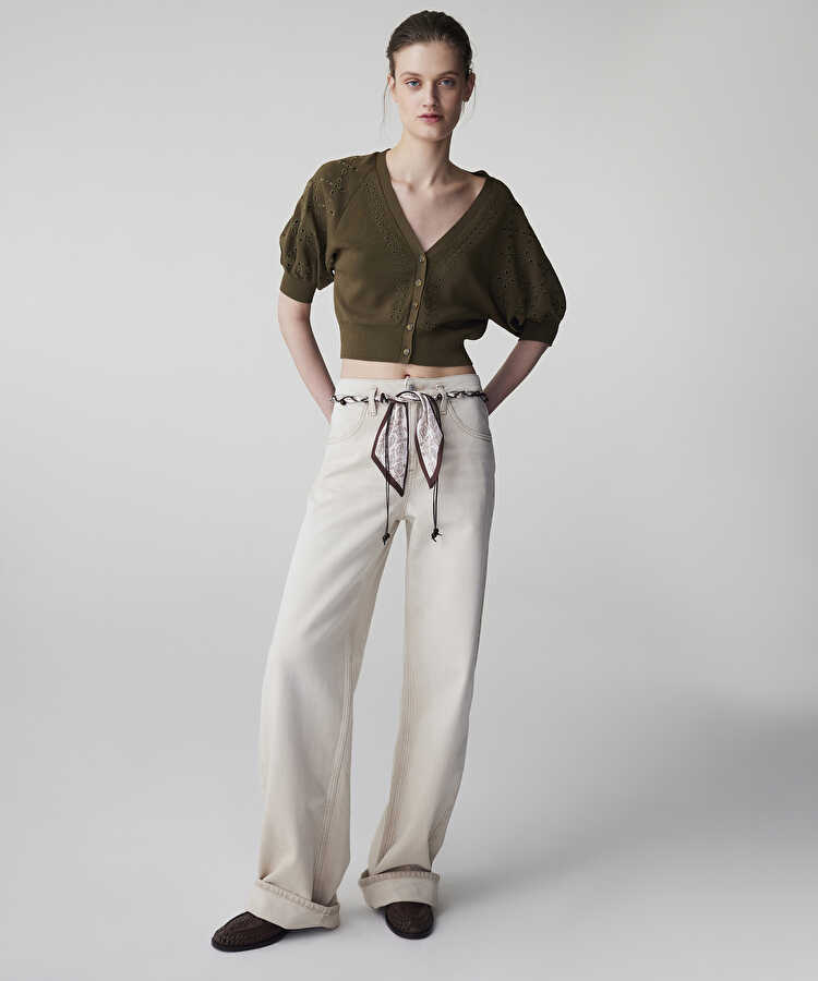Fistolu crop triko hırka - IS1260050057177 - Koyu Haki Triko