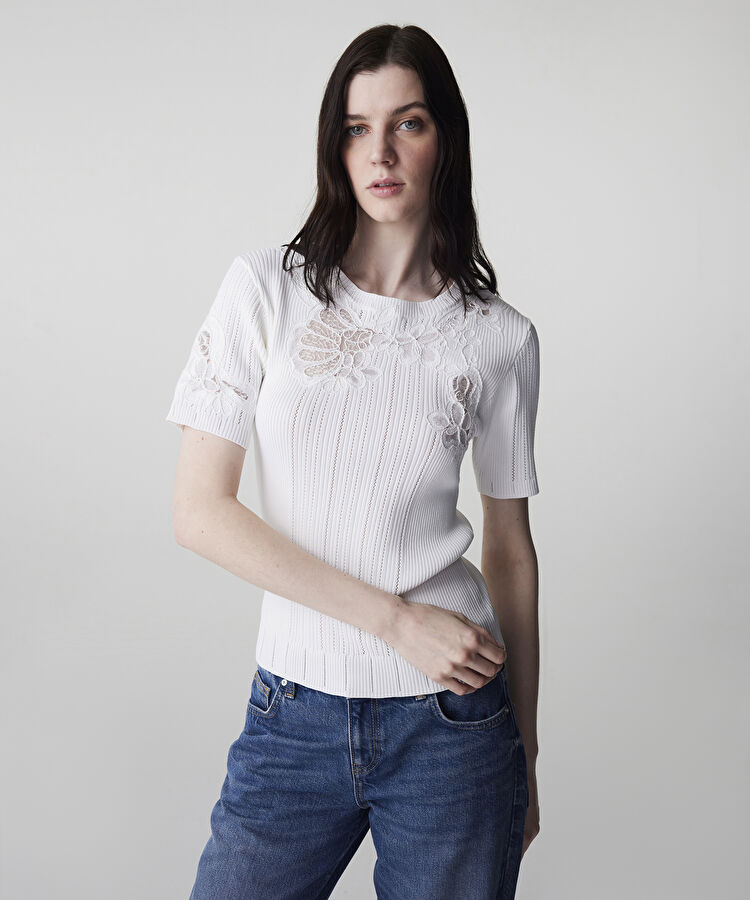 Nakışlı dantel mix triko - IS1260050071018 - Ekru Triko