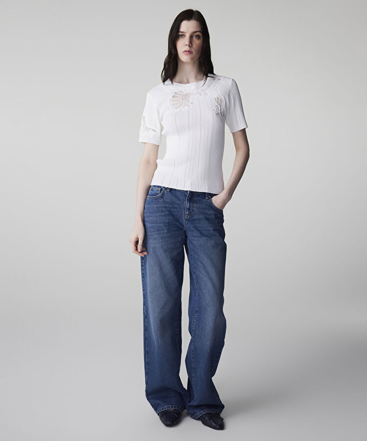 Nakışlı dantel mix triko - IS1260050071018 - Ekru Triko