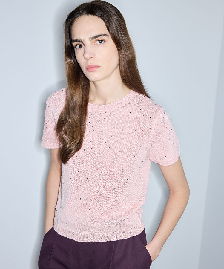 Suni inci ve hotfix baskılı triko - IS1260050107093 - Açık Pembe Triko