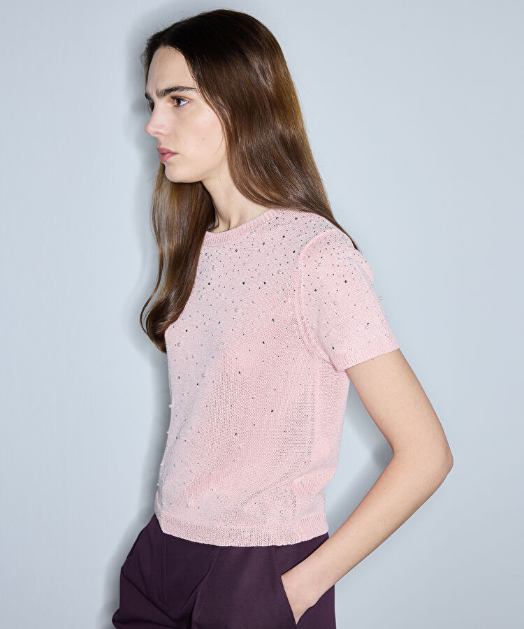 Suni inci ve hotfix baskılı triko - IS1260050107093 - Açık Pembe Triko