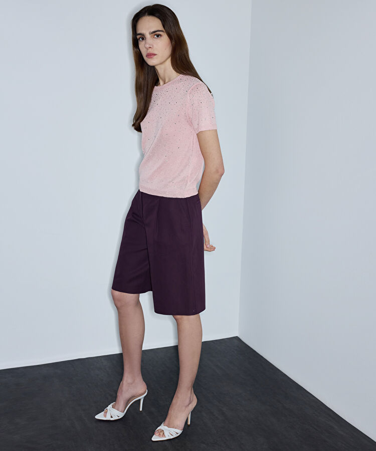 Suni inci ve hotfix baskılı triko - IS1260050107093 - Açık Pembe Triko