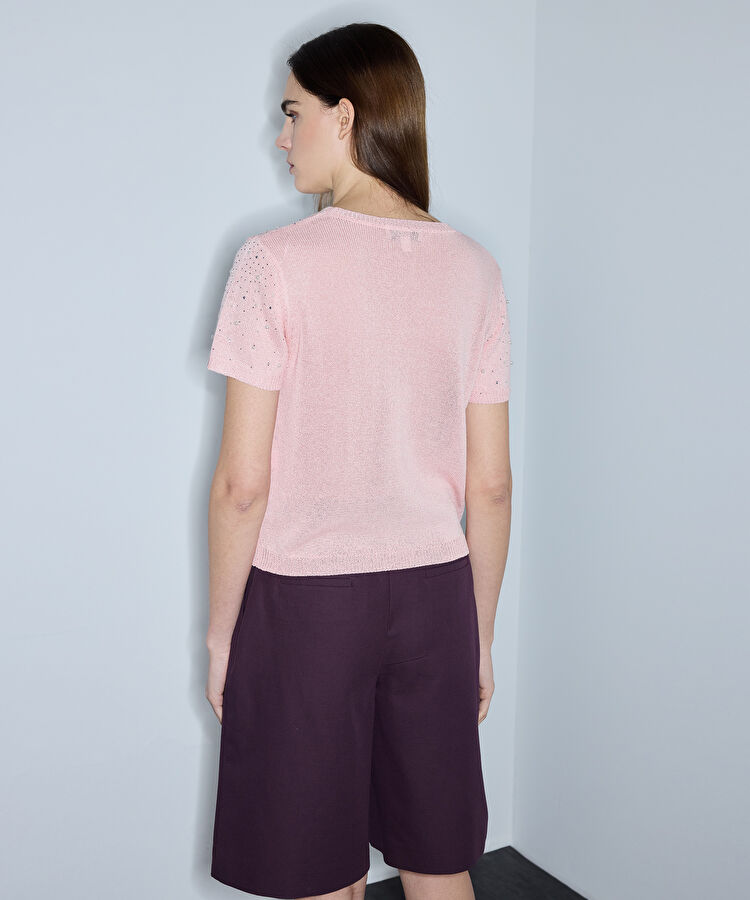 Suni inci ve hotfix baskılı triko - IS1260050107093 - Açık Pembe Triko