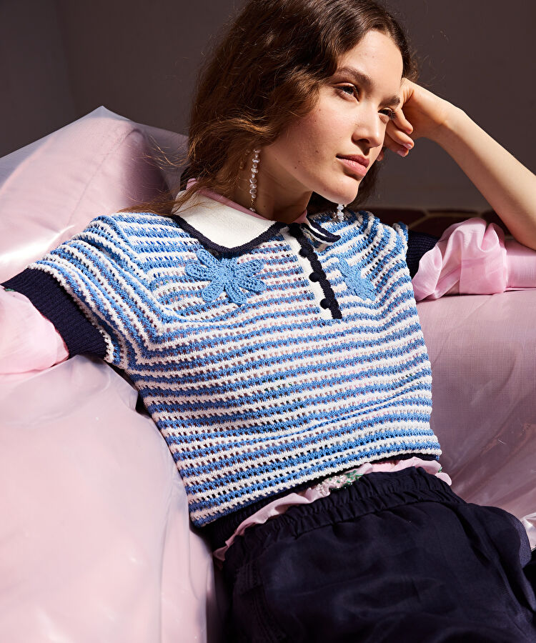 Ajurlu kroşe aplikeli triko - IS1260050112028 - Açık Mavi Triko