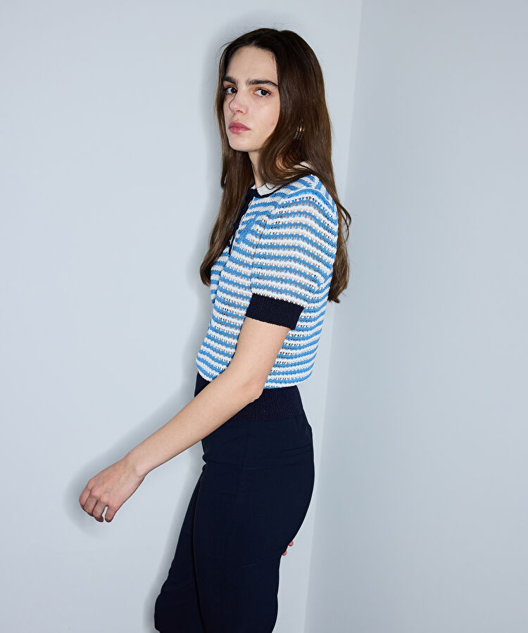 Ajurlu kroşe aplikeli triko - IS1260050112028 - Açık Mavi Triko