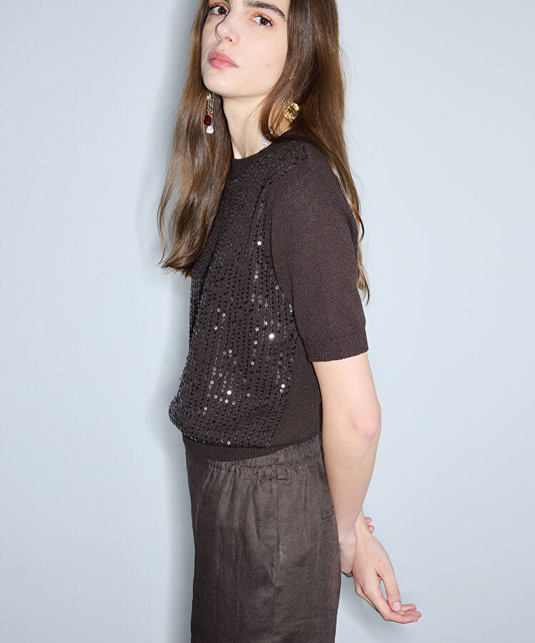 Payetli triko - IS1260050116074 - Kahverengi Triko