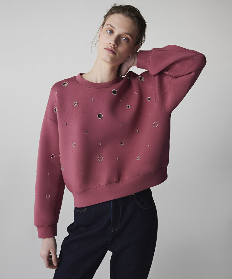 Strass taşlı cutout sweatshirt - IS1260091021026 - Gülkurusu Sweatshırt