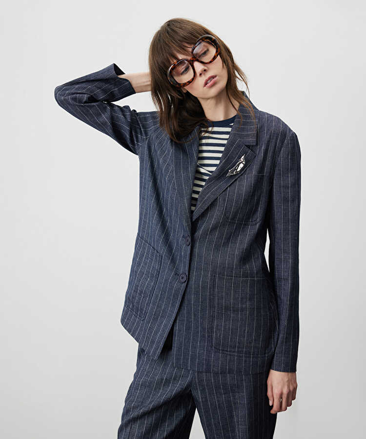 Çizgili vatkalı blazer - IS1260106005015 - Lacivert Blazer
