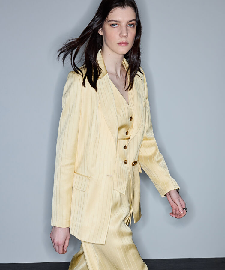 Çizgi jakarlı vatkalı blazer - IS1260106012984 - Pastel Sarı Blazer