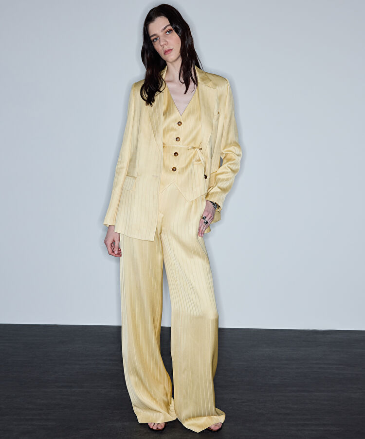Çizgi jakarlı vatkalı blazer - IS1260106012984 - Pastel Sarı Blazer