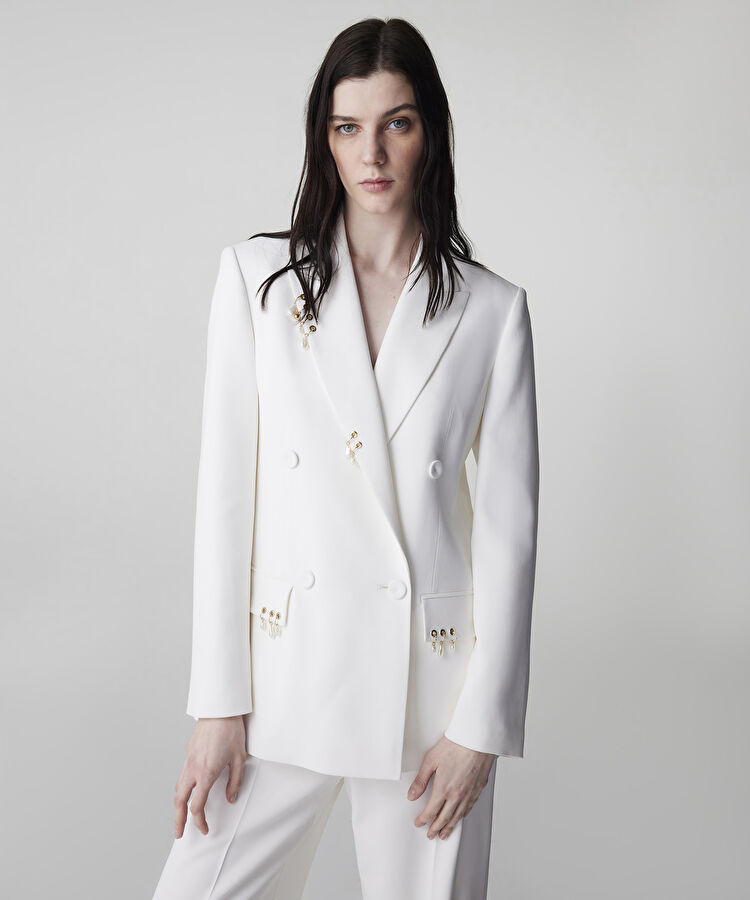 Karma aksesuarlı kruvaze blazer - IS1260106016018 - Ekru Blazer