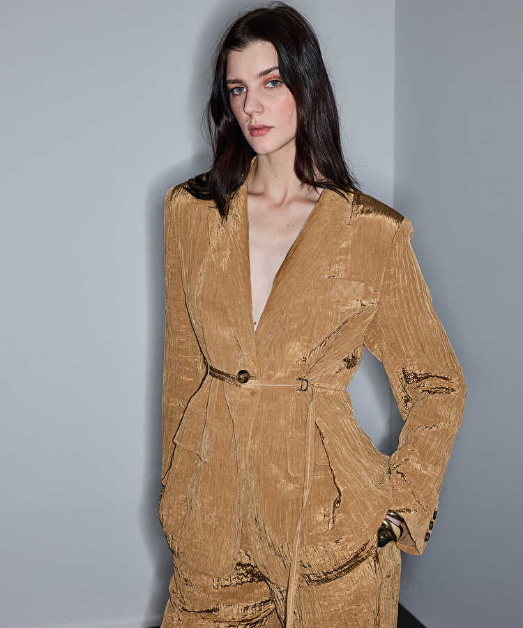Kırışık efektli vatkalı blazer - IS1260106023003 - Natürel Blazer