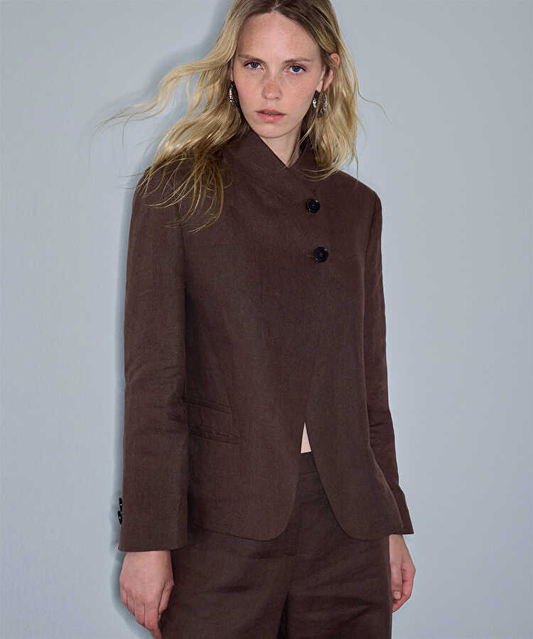 Yüksek yaka keten blazer  - IS1260106075074 - Kahverengi Blazer