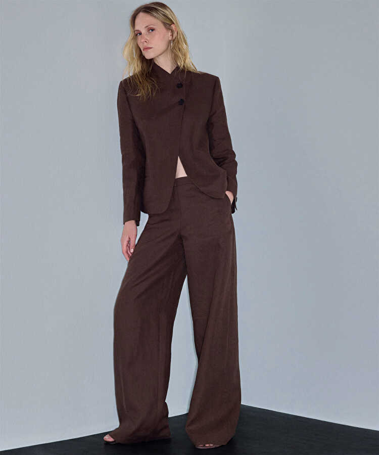 Yüksek yaka keten blazer  - IS1260106075074 - Kahverengi Blazer