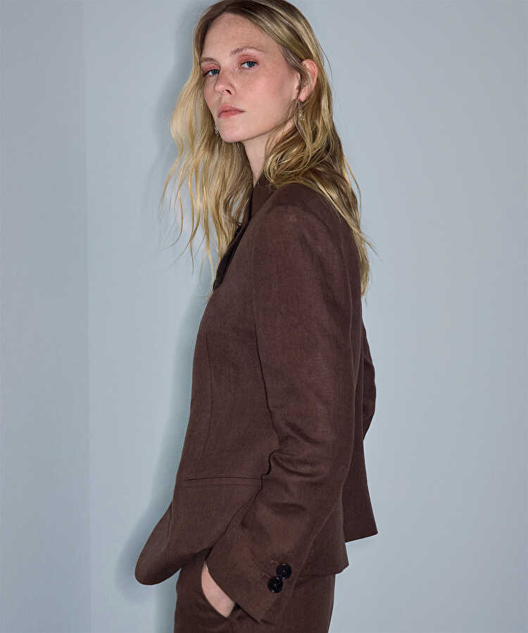 Yüksek yaka keten blazer  - IS1260106075074 - Kahverengi Blazer